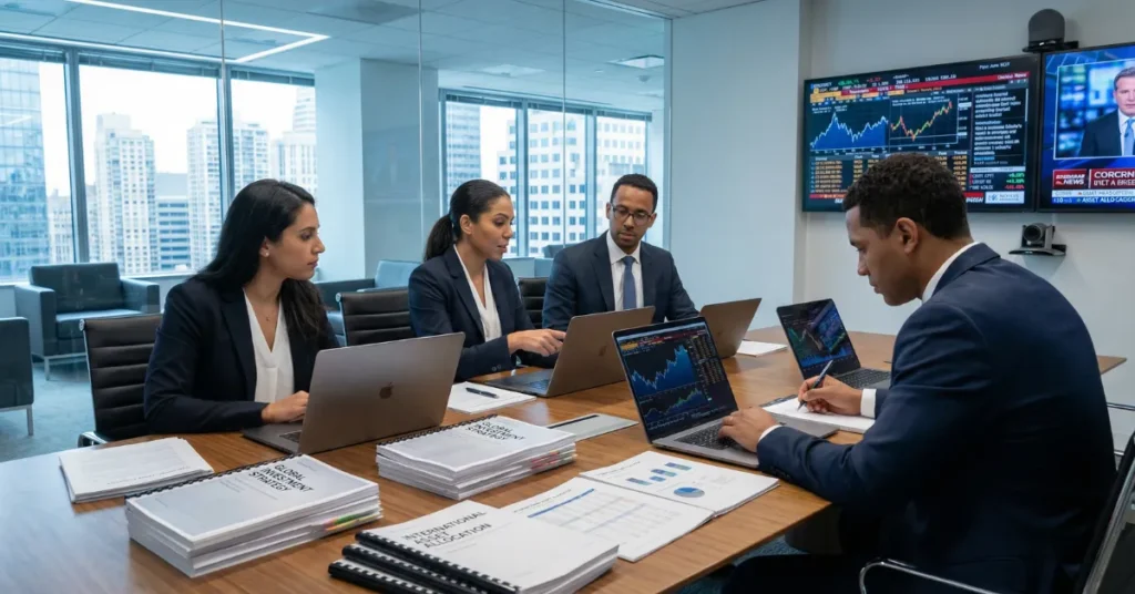 Finance professionals discussing investment strategy and asset management within a UAE Holding Company