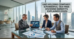 Business executives reviewing international investment portfolio for a UAE Holding Company in a modern corporate office