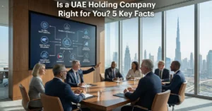 Investors reviewing global corporate structure and strategy for a UAE Holding Company in a Dubai boardroom