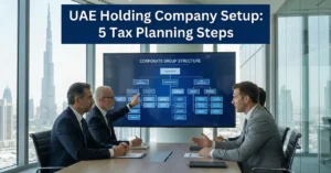 Business executives reviewing corporate structure for a UAE Holding Company managing multiple subsidiaries