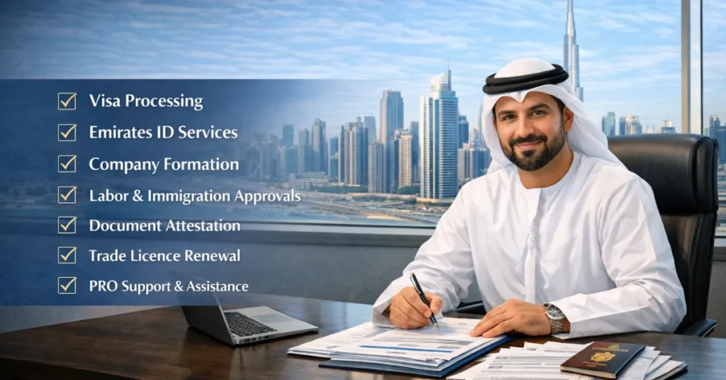 Business team discussing visa processing, licensing and compliance tasks handled through UAE PRO Services