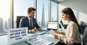 Business consultant assisting entrepreneurs with documentation and compliance through UAE PRO Services in a Dubai corporate office