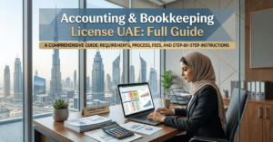 Accounting & Bookkeeping License UAE showing financial analysis, accounting services, and corporate finance environment in Dubai