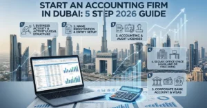 Accounting Firm in Dubai with financial charts and corporate business skyline