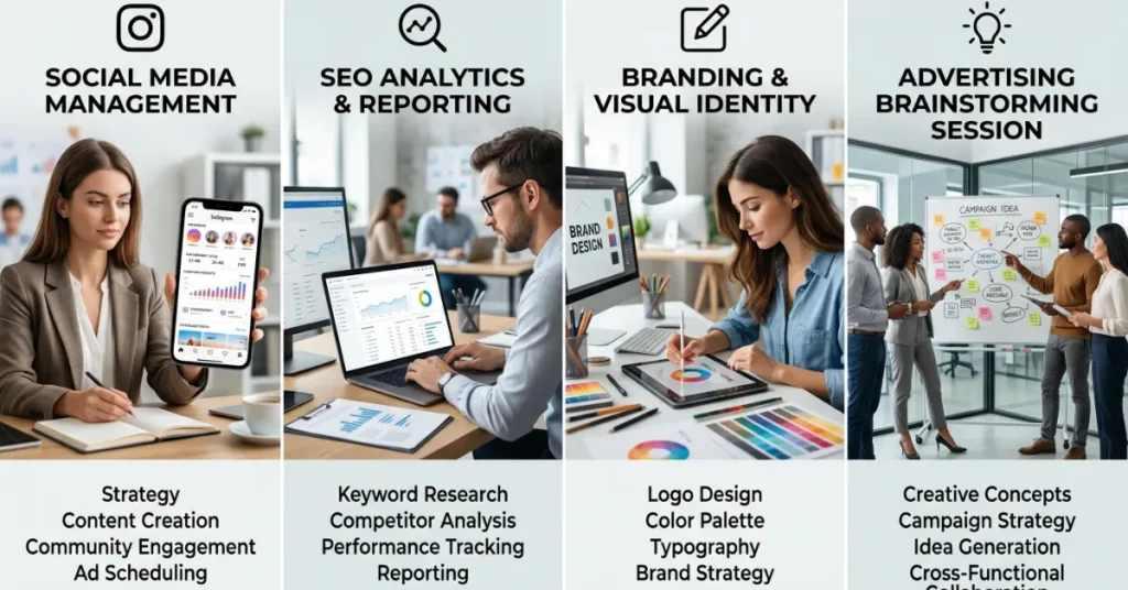Advertising Agency License – different marketing services including SEO, social media, and branding