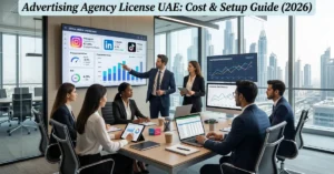 Advertising Agency License – digital marketing team managing campaigns in a professional UAE office