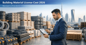 Building Material License UAE 2026 cover showing construction materials warehouse and business licensing process in UAE mainland vs free zone setup