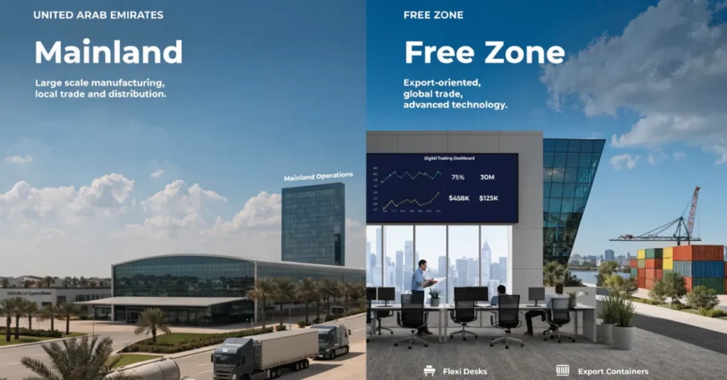 Building Material License comparison UAE mainland vs free zone setup showing warehouse trading and flexi desk business model in 2026