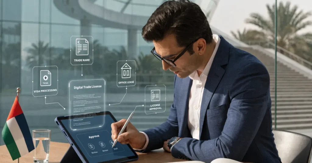 Building Material License UAE 2026 process showing step by step licensing approval from trade name to final license issuance in mainland and free zone