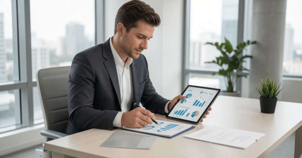 A business consultant advising an entrepreneur in a modern office, reviewing documents and digital tablet with charts, decision-making concept, professional corporate setting, minimalistic desk, sharp focus, high clarity, neutral tones