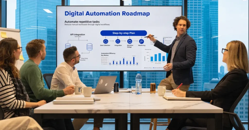 Step-by-step Business Automation Solution implementation process with workflow roadmap and system integration strategy
