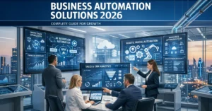 Business Automation Solution dashboard with AI workflow analytics, CRM integration, and corporate office technology setup