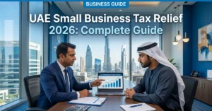 Business Tax Relief – UAE small business owner discussing corporate tax relief and financial planning with advisor in Dubai office