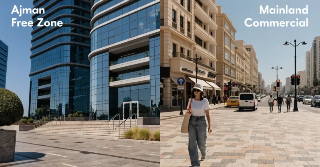 Business in Ajman free zone vs mainland company setup comparison image