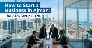 Business in Ajman setup guide 2026 cover image showing Ajman skyline and corporate office environment