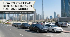 Car Rental Business UAE showing luxury and economy vehicles in Dubai skyline for rental services
