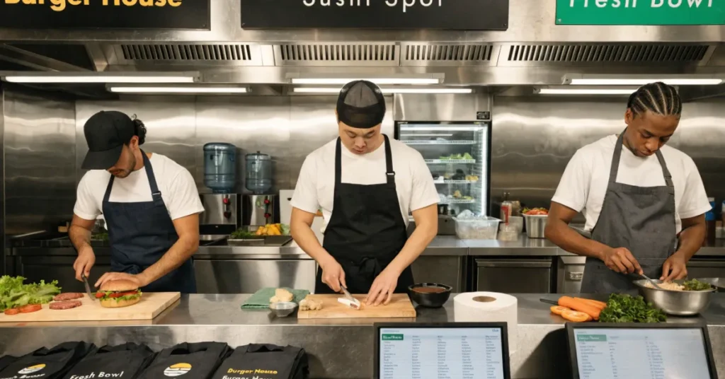 Different Cloud Kitchen in Dubai business models including shared kitchen, multi-brand kitchen, and delivery-only setup