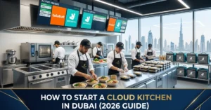 Cloud Kitchen in Dubai setup with professional chefs, food delivery packaging station, and modern commercial kitchen workspace