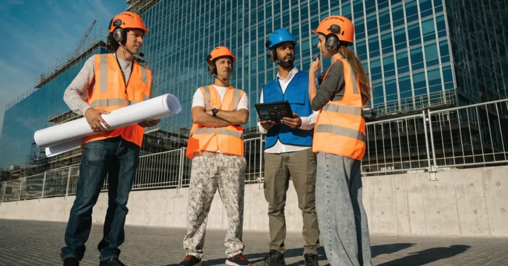 Construction Company in Dubai engineers reviewing project plans on construction site