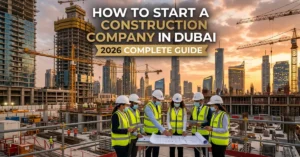 Construction Company in Dubai modern skyline construction site with engineers and cranes