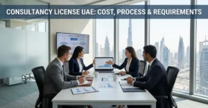 Consultancy License UAE showing professional business consulting meeting and corporate advisory services in Dubai