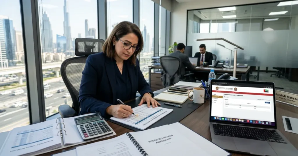 Corporate Tax Consultant evaluation image with financial reports and UAE tax advisory documents