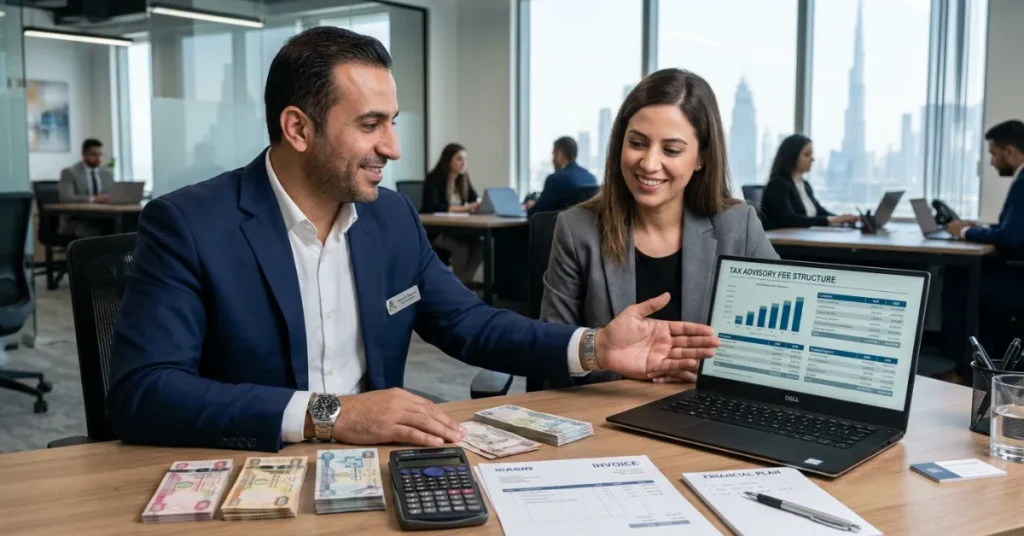 Corporate Tax Consultant cost image showing Dubai tax advisory fees and business budgeting documents
