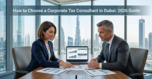 Corporate Tax Consultant Dubai cover image showing tax advisory meeting and UAE compliance planning