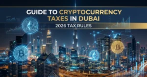 Cryptocurrency Taxes in Dubai concept with digital assets and financial skyline of Dubai