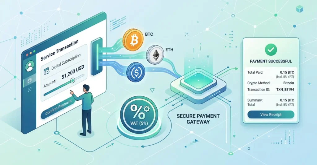 VAT application on Cryptocurrency Taxes in Dubai with digital transactions and service fees