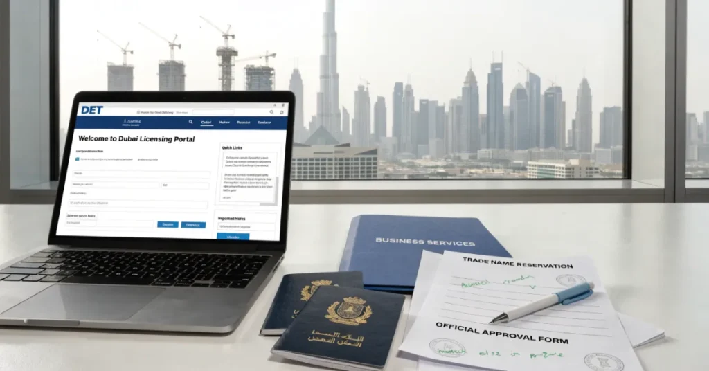 Department of Economy business setup process image with DET portal documents and trade license application