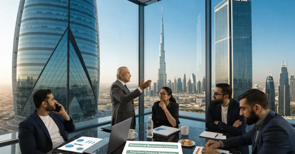 Department of Economy mainland vs free zone business setup comparison image in Dubai office environment