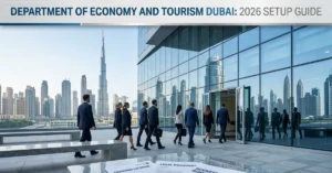 Department of Economy Dubai business setup guide cover image with corporate skyline and trade license office