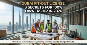 Dubai Fit-out License professionals working on interior construction project in modern Dubai commercial space