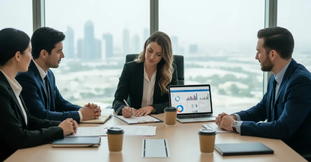 Dubai Freezone License benefits image showing legal freelance business meeting in Dubai office