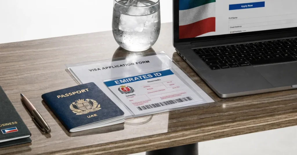 Dubai Freezone License application process image with passport documents and online visa submission