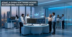 Start a Dubai Software House in 2026 with AI developers working in a modern Dubai tech office environment