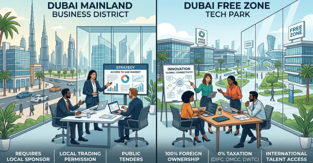 Comparison of mainland vs free zone options to Start a Dubai Software House in UAE