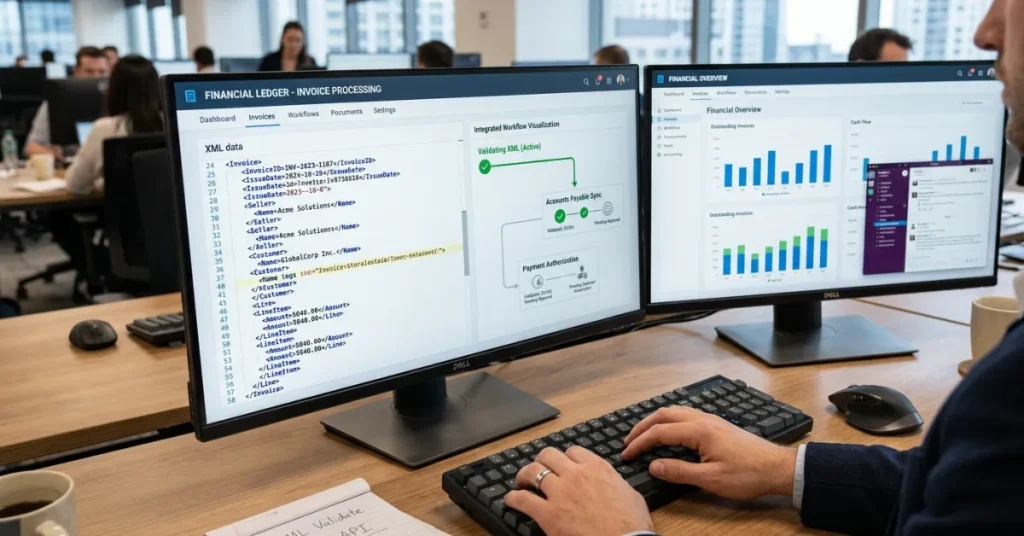 Step-by-step process of E-Invoicing in UAE shown through structured invoice data and accounting system integration