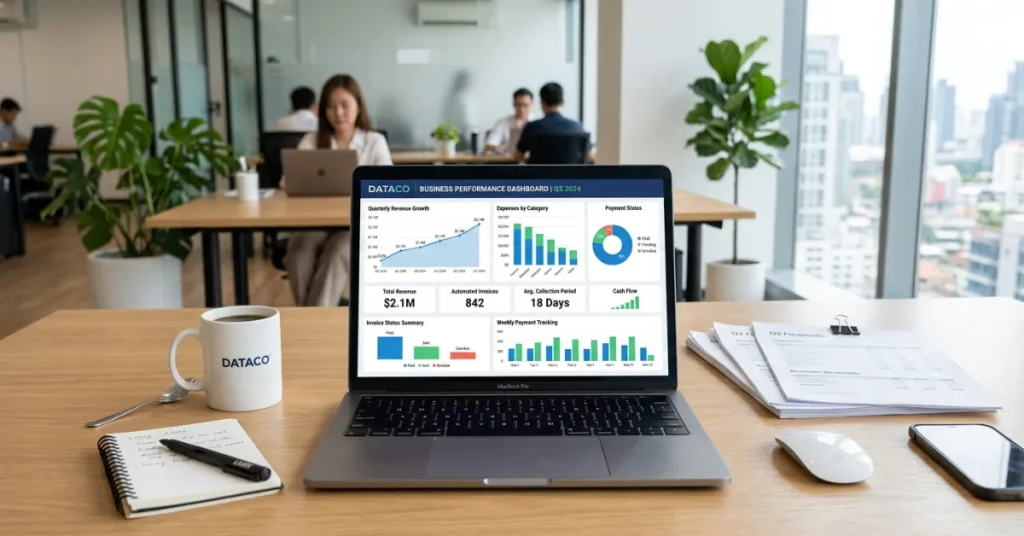 Benefits of E-Invoicing in UAE including faster payments and automated financial reporting shown on analytics dashboard