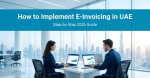 E-Invoicing in UAE digital transformation with business professionals using automated invoicing systems in a modern Dubai office