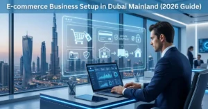 E-commerce Business Setup in Dubai Mainland with digital marketplace and Dubai skyline