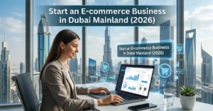 E-commerce Business in Dubai entrepreneur managing online store with Dubai skyline background