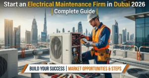 Electrical Maintenance Firm technician servicing AC unit in Dubai skyline environment