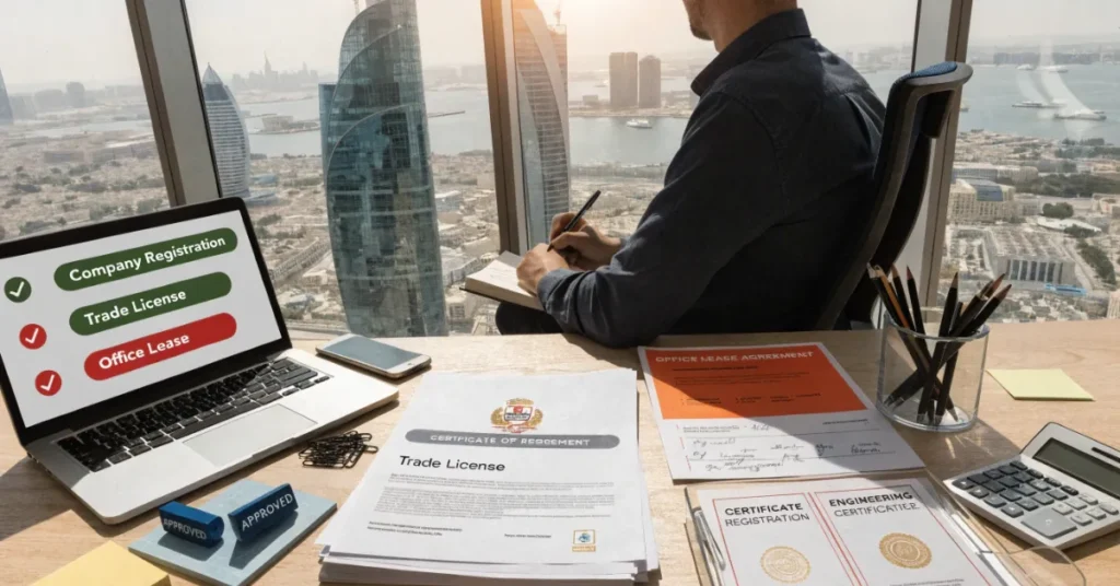 Engineering Firm in Dubai setup process image with trade license and approval documents