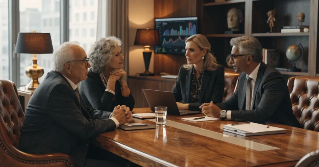 Family Offices in the UAE wealth management advisors discussing succession planning with private family