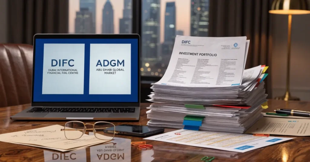 Family Offices in the UAE setup documents including DIFC legal papers and investment reports on office desk