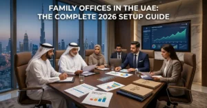Family Offices in the UAE 2026 cover image showing wealthy family meeting financial advisors in Dubai boardroom
