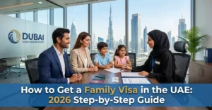 Family Visa in the UAE 2026 guide showing expat family with visa consultant in a professional Dubai office