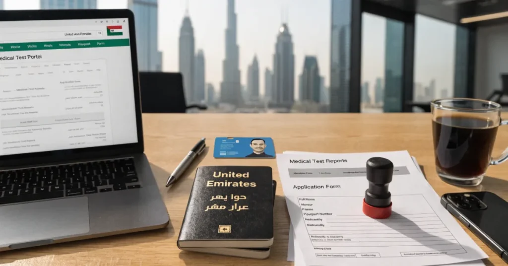 Family Visa in the UAE application process documents including passports and Emirates ID on office desk